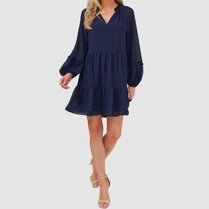 CeCe V-Neck Long Sleeve Ruffled Clip-Dot Dress